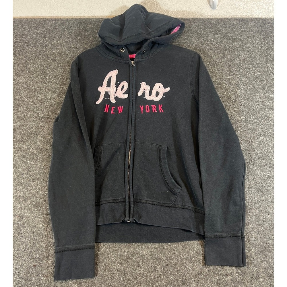 Aeropostale Hoodie Women XL Black Spellout Full Zip Fleece Sweatshirt Streetwear